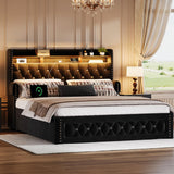 Ailisite Queen Size Bed Frame with 4 Storage Drawers and RGB Led Lights,Velvet Upholstered Queen Platform Bed with Charging Station and Bookcase Storage Headboard, with Crystal and Rivet Deco, Black Ailisite