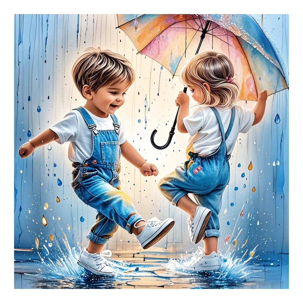 SJUTOUCI Playing in Rain Diamond Painting Kits for Adults, Diamond Art for Beginners, 5D Round Diamond Dots Gem Craft Art Home Wall Decor 12x12 inch SJUTOUCI