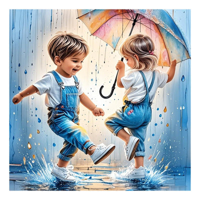 SJUTOUCI Playing in Rain Diamond Painting Kits for Adults, Diamond Art for Beginners, 5D Round Diamond Dots Gem Craft Art Home Wall Decor 12x12 inch