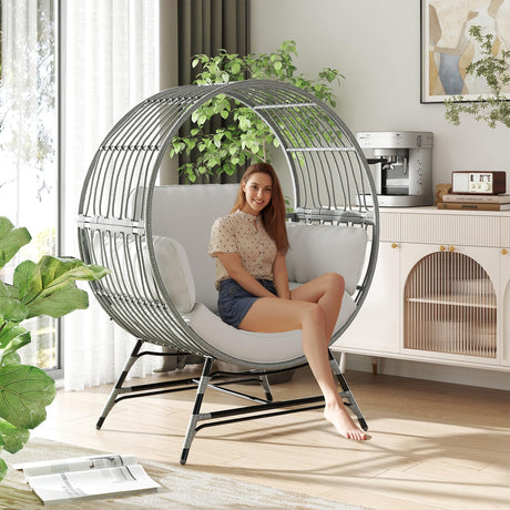 Fancyango Egg Chair Outdoor Indoor, Oversized Rattan Chair with Thicken Cushion, 510LBS Capacity Wicker Patio Lounge Chair, Basket Chair for Living Room Balcony Porch Backyard, Grey/Light Grey Fancyango