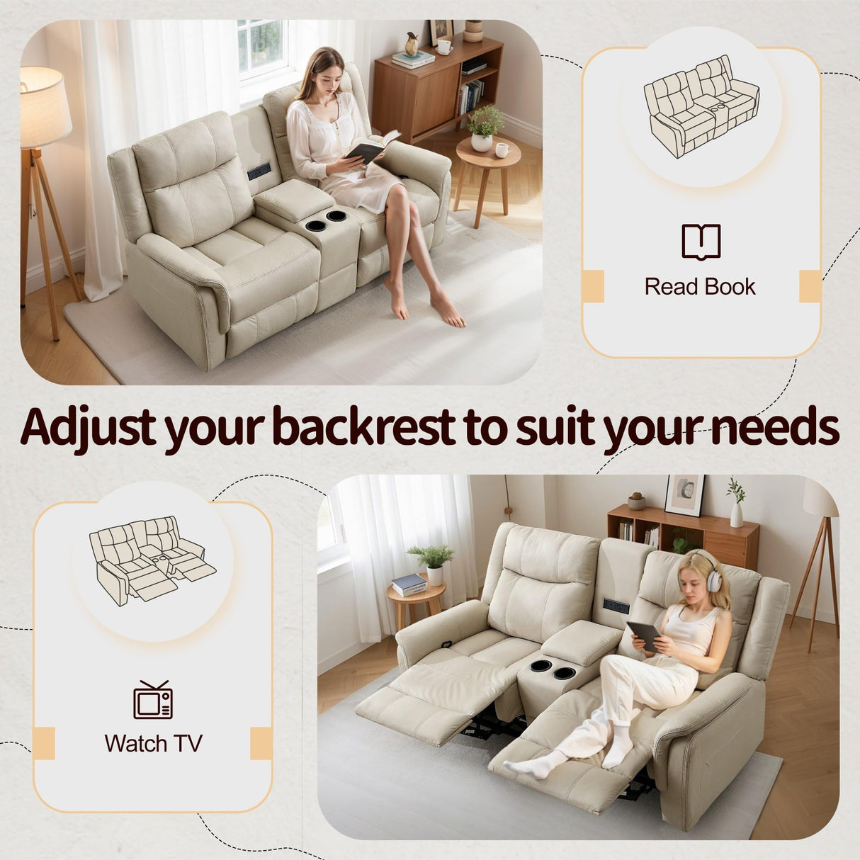 Korser Loveseat Recliner Sofa, Reclining Loveseat Couch with Manual Pull Tab, Reclining Couch with Console, USB Port, US Outlets, and Cup Holders, 2-Seater Performance Fabric Sofa for Living Room, RVs Korser