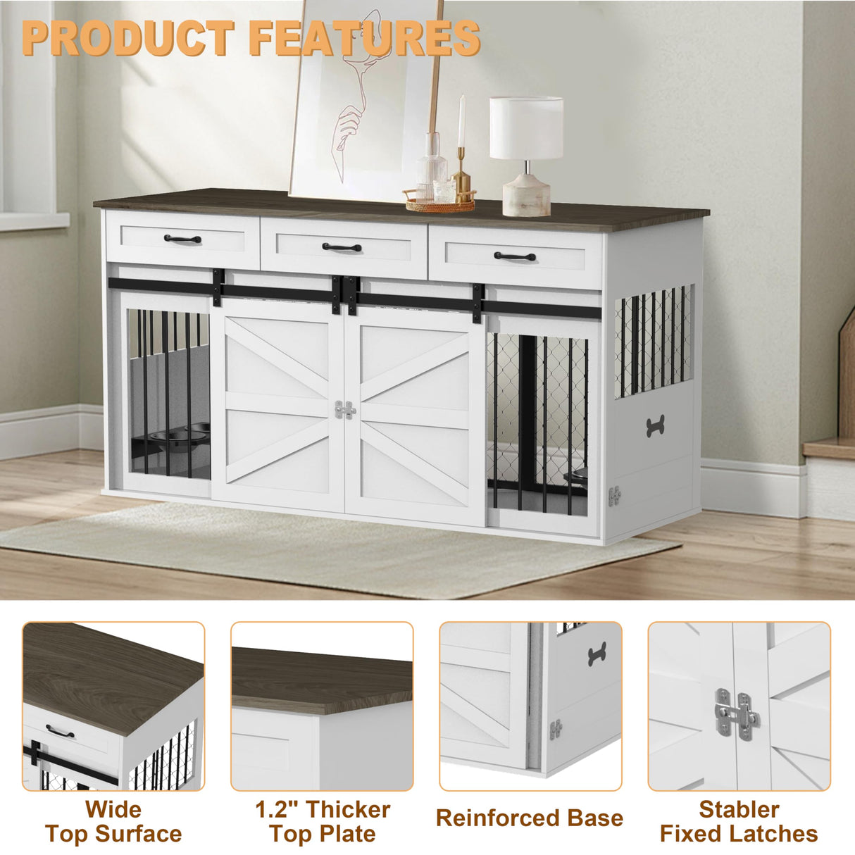 RQZ 65" Double Dog Crate Furniture for 2 Dogs Heavy Duty Wood Dog Cage Table with 3 Storage Drawers and 4 Stainless Steel Bowls Dog Kennel Indoor for Medium Large Dogs RQZ