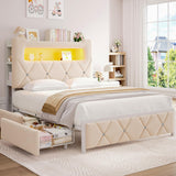 Full Upholstered LED Bed Frame with 2 Storage Drawers and 2-Tier Storage Headboard, Velvet Princess Platform Bed with Charging Station & Bookcase, Corner Bed Frame, Heavy Duty Metal Support, Beige Jocoevol