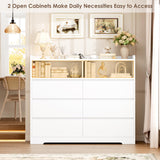 FOTOSOK White Dresser, 47.2" White Modern Chest of Drawers with 2 Open Cabinets, Handless Design Dresser with 6 Drawers, Wood Dressers Storage Drawers for Home & Office FOTOSOK
