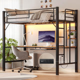 Gizoon Loft Bed Twin Size, Twin Loft Bed with Desk and LED Lights, Charging Sation & Storage Shelves, Heavy Duty Metal Bed Frames with Safety Guard & Ladder, No Box Spring Needed, Space-Saving, Brown Gizoon
