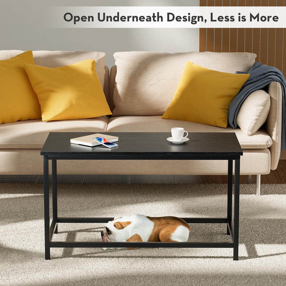 SAYGOER Small Black Coffee Table Simple Modern Open Design Rectangular Minimalist Center Table for Living Room Small Spaces, Easy Assembly, 31.5 x 15.7 x 17.7, Black SAYGOER
