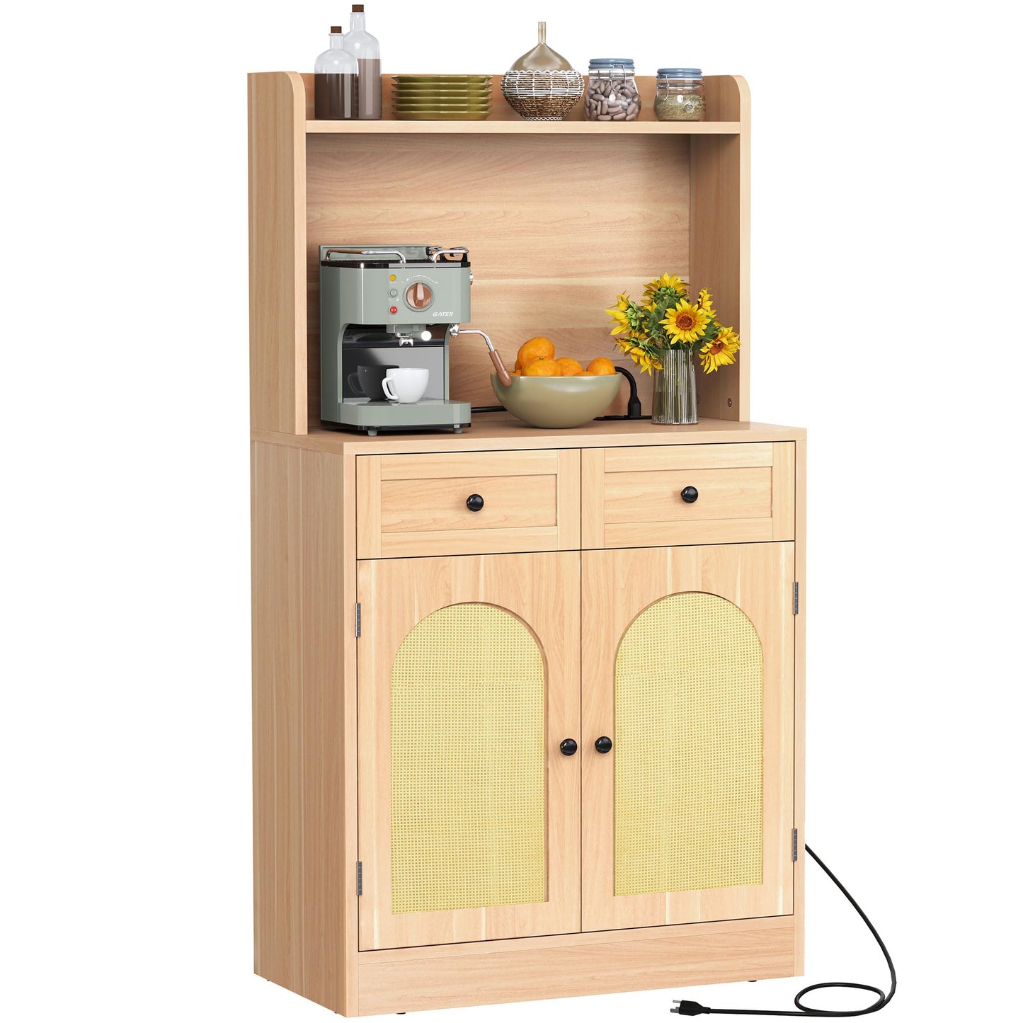 YITAHOME Yellow Oak Kitchen Hutch with Rattan Design, Coffee Bar Cabinet & Storage Solutions - Includes Power Outlet and Adjustable Shelves - WoodArtSupply