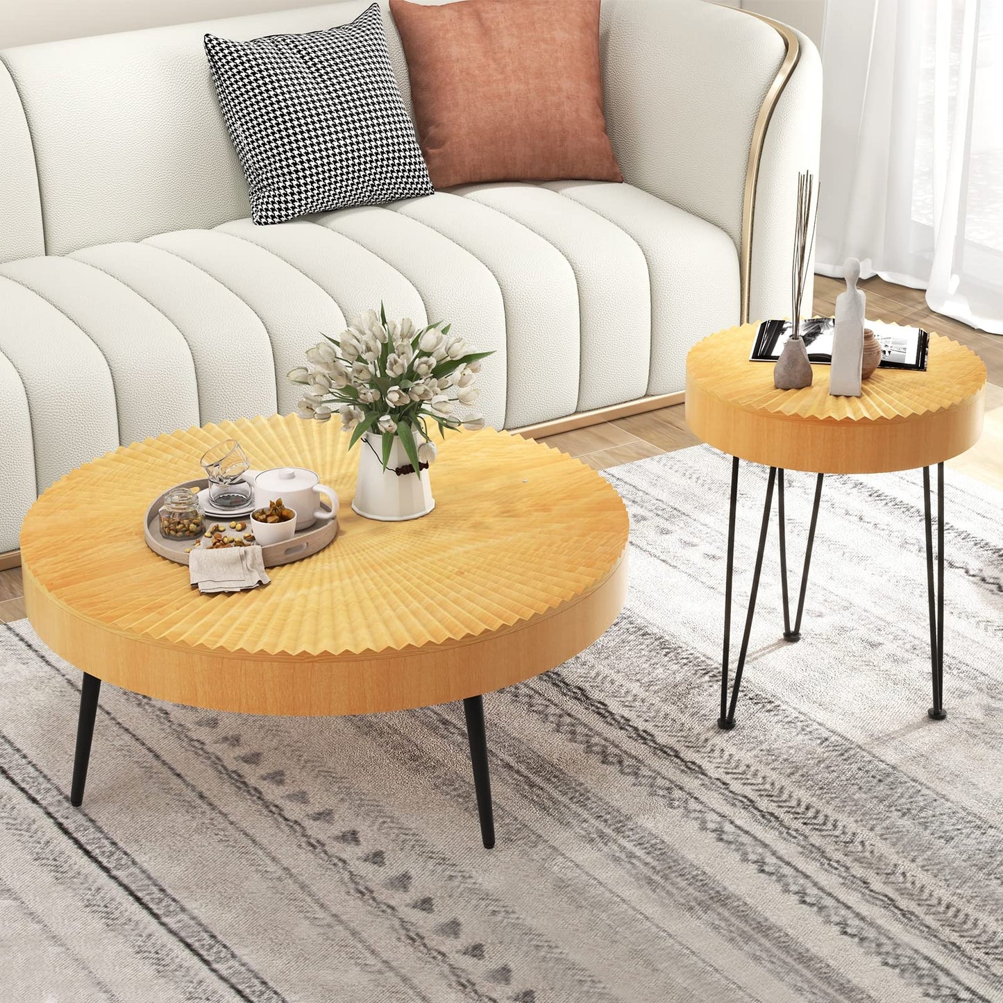 COSTWAY Farmhouse Round Coffee Table Set of 2, Rustic Sofa Side Tea Tables w/Wood Finish, Metal Frame, Adjustable Foot Pads, Nesting End Table Set for Living Room, Bedroom (Radial Pattern)
