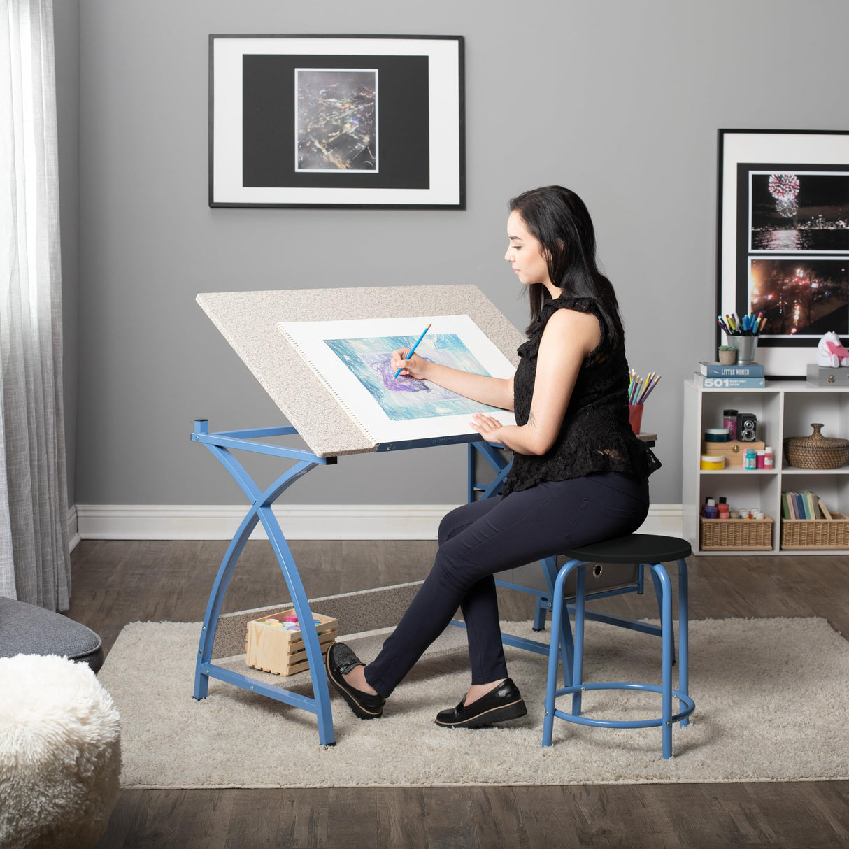 SD STUDIO DESIGNS Comet Center Plus, Craft Table and Matching Stool Set with Storage and Adjustable Top, Blue/Spatter Gray, 50x23.75x29.5 inches, 2 Piece SD STUDIO DESIGNS