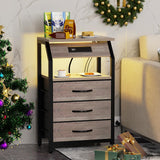 SZLHANJZ End Table with 3 Drawers, Night Stand with Charger Station and LED Lights, Small Nightstand with Fabric Storage, Farmhouse Side Table for Bedside, Living Room, Dorm, Greige SZLHANJZ