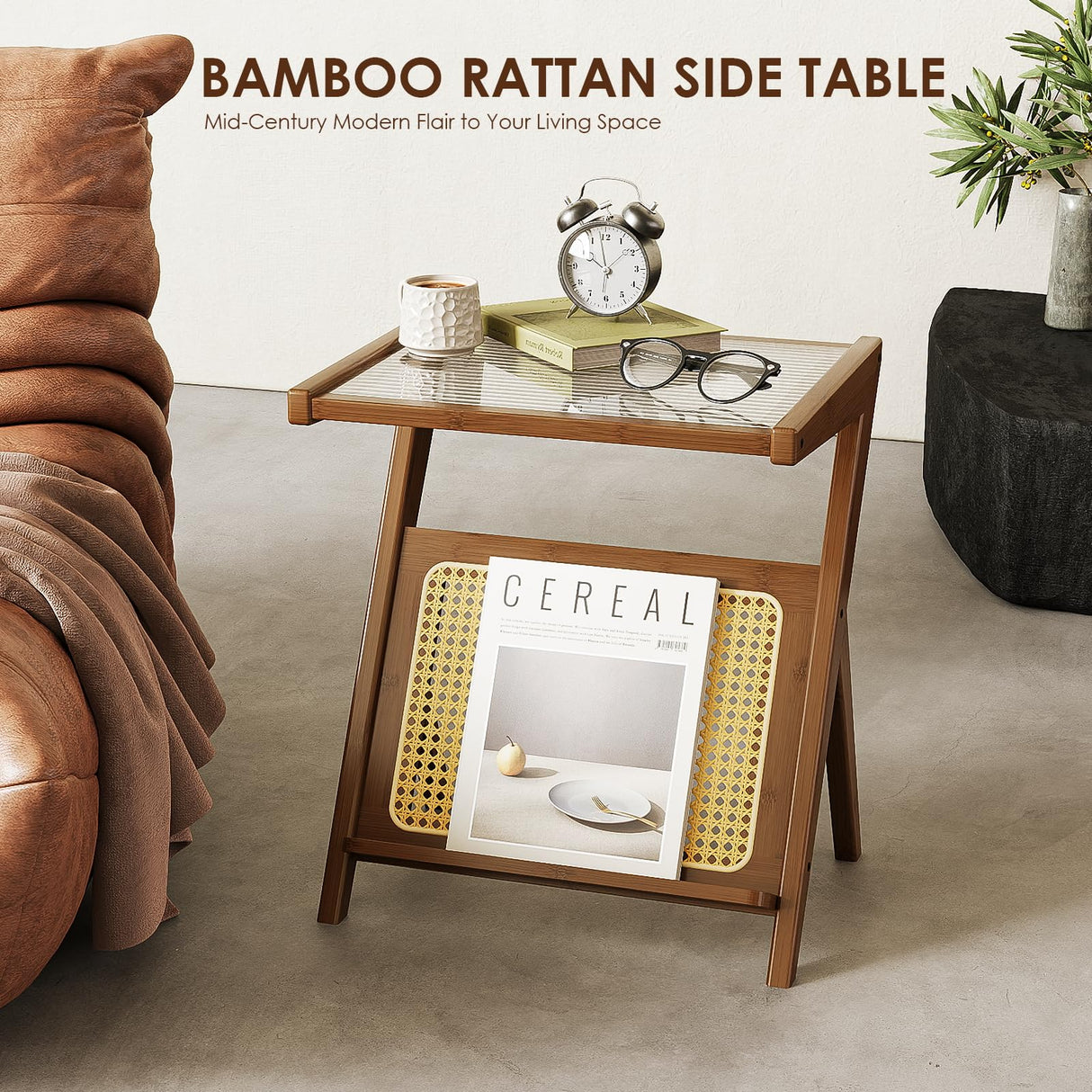 Bamworld Side Table Nature Rattan Night Stand Glass End Table 2-Tier with Storage Boho Bedside Table for Small Spaces Bamboo Coffee Table for Bedroom Living Room Bamworld