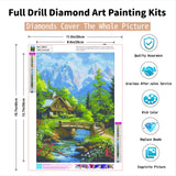 PINFFSHU Landscape Diamond Painting Kit for Adults: Rustic Wood Cabin, Wildflower Meadow, Sparkling Stream & Snowy Peaks - 5D DIY Full Round Drill Diamond Art Kits Home Wall Art Decor, 12x16 Inch PINFFSHU