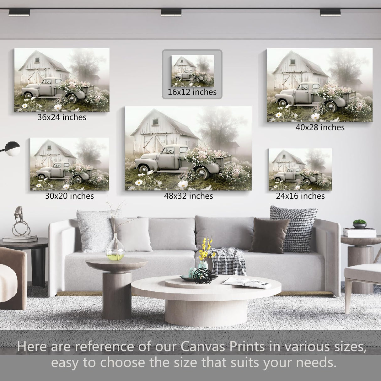 gaosoul Rustic Farmhouse Barn Canvas Wall Art Framed Misty Countryside Field Landscape Painting Rusty Old Truck Loaded With Flowers Picture Prints for Bedroom Living Room Office Decor 16x12in gaosoul