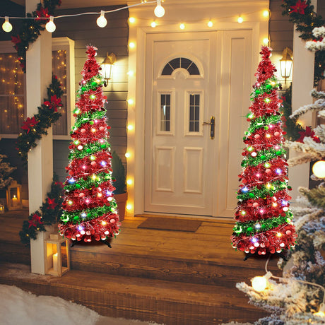 5 FT Collapsible Sequin Pop Up Christmas Tree with 90 LED Lights, Skinny Pencil Tinsel Xmas Tree with Stand for Apartments Kungfuking