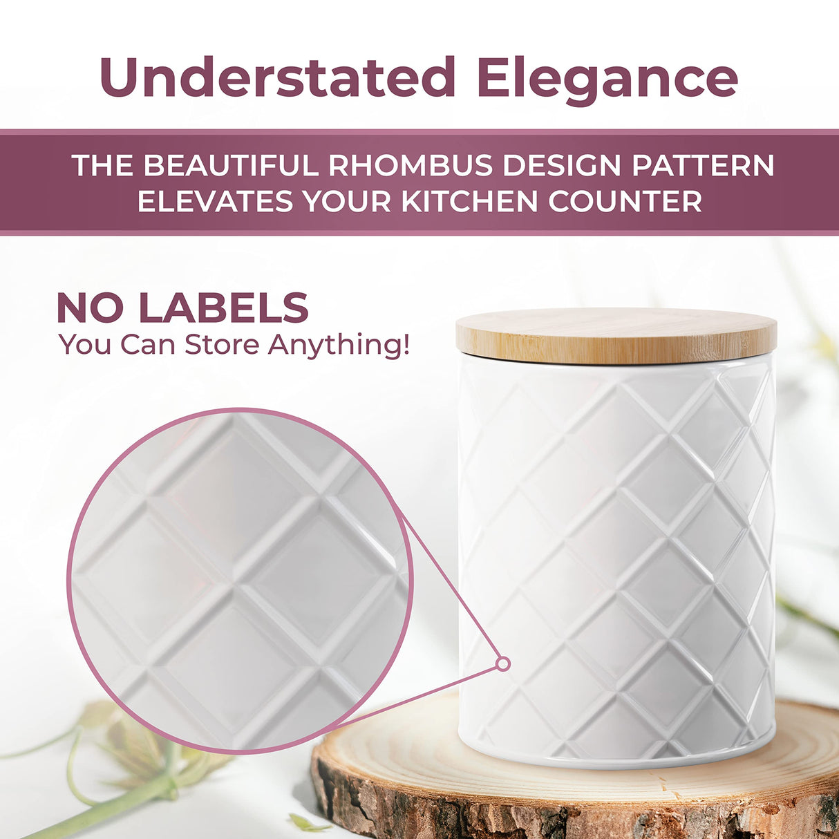 Pebble & Stem White Metal Canisters Sets for the Kitchen Counter, Kitchen Canisters Set of 4, Airtight Lids,Sugar and Flour Containers for Countertop, Coffee and Tea Storage, Farmhouse Decor Pebble & Stem