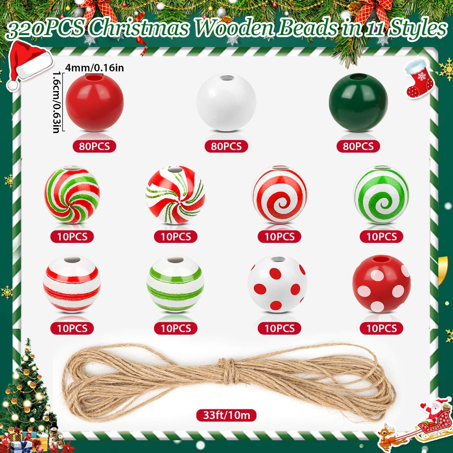 ROADPLUM 320 PCS Christmas Wooden Beads with Jute Twine, 16mm Wooden Christmas Beads in 11 Styles, Wooden Craft Beads with Holes for Christmas Party Holiday Decoration and Bracelet Making