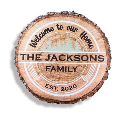 Custom Wood Name and Welcome Sign, Personalized Gifts, Realistic Tree Slice Appearance Printed on MDF, - WoodArtSupply