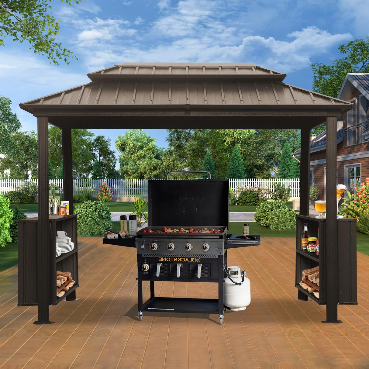 Domi 6x10FT Hardtop Grill Gazebo, Outdoor BBQ Gazebo with Double Galvanized Steel Roof, Metal Permanent Sun Shade Grill Canopy Shelter with 2 Storage Cabinets and Ceiling Hooks for Patio Yard, Brown domi outdoor living