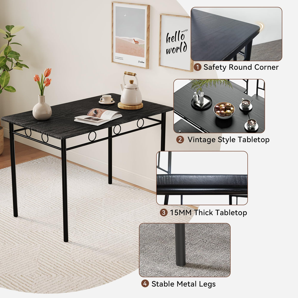 Vipbear Kitchen Dining Table Set for 4, 5-Piece Kitchen Table Set,Dining Room Table Sets,Rectangular Kitchen Table Set with 4 Chairs for Small Space, Dinette,Apartment,Rustic Black Vipbear