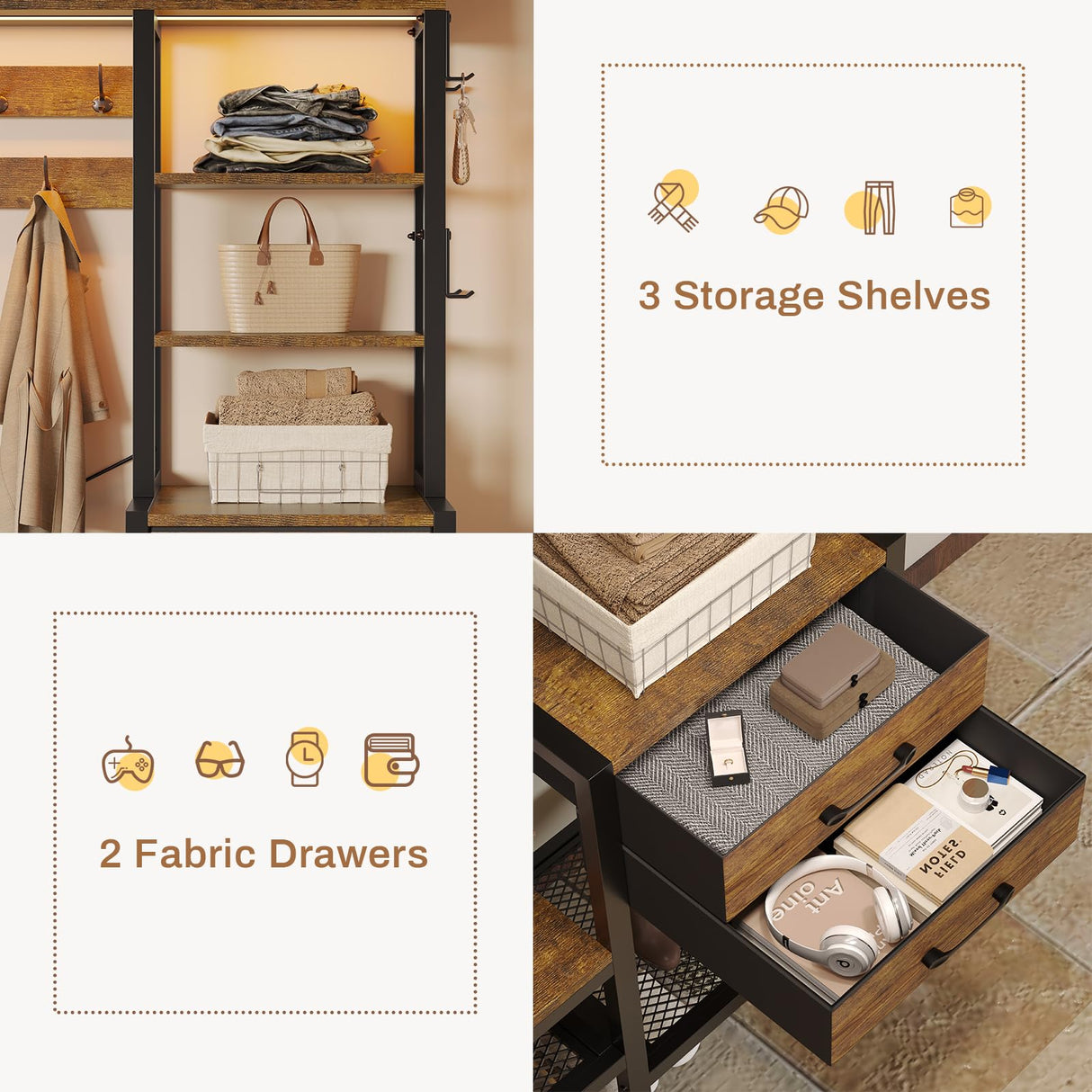 Itaar Hall Tree with Bench and Shoe Storage, 7-in-1 Entryway Bench with Coat Rack, 3 Storage Cubbies, 3 Storage Shelves, 17 Coat Hooks, 2 Fabric Drawers (Rustic Brown) Itaar