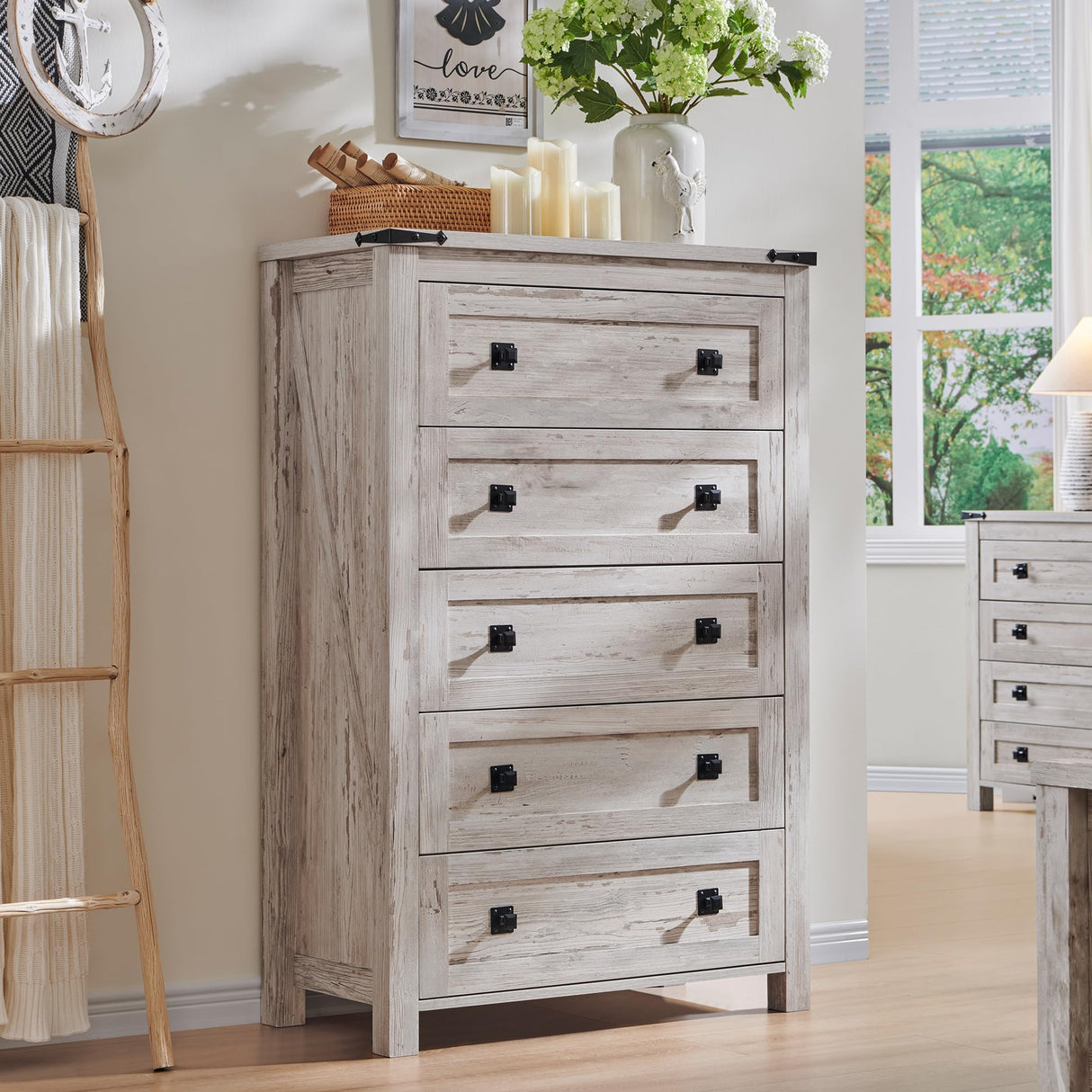 RedLemon Farmhouse 5 Drawer Dresser, 48" Tall Rustic Chest of Drawers, Wood Dresser for Bedroom, Living Room, Hallway, Antique Brush White RedLemon