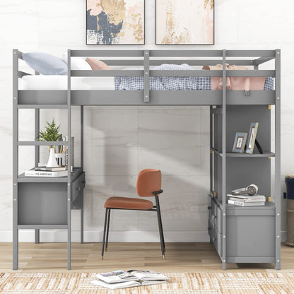 Harper & Bright Designs Full Size Grey Loft Bed with Built-in Desk, Drawers, and Storage Shelves - WoodArtSupply