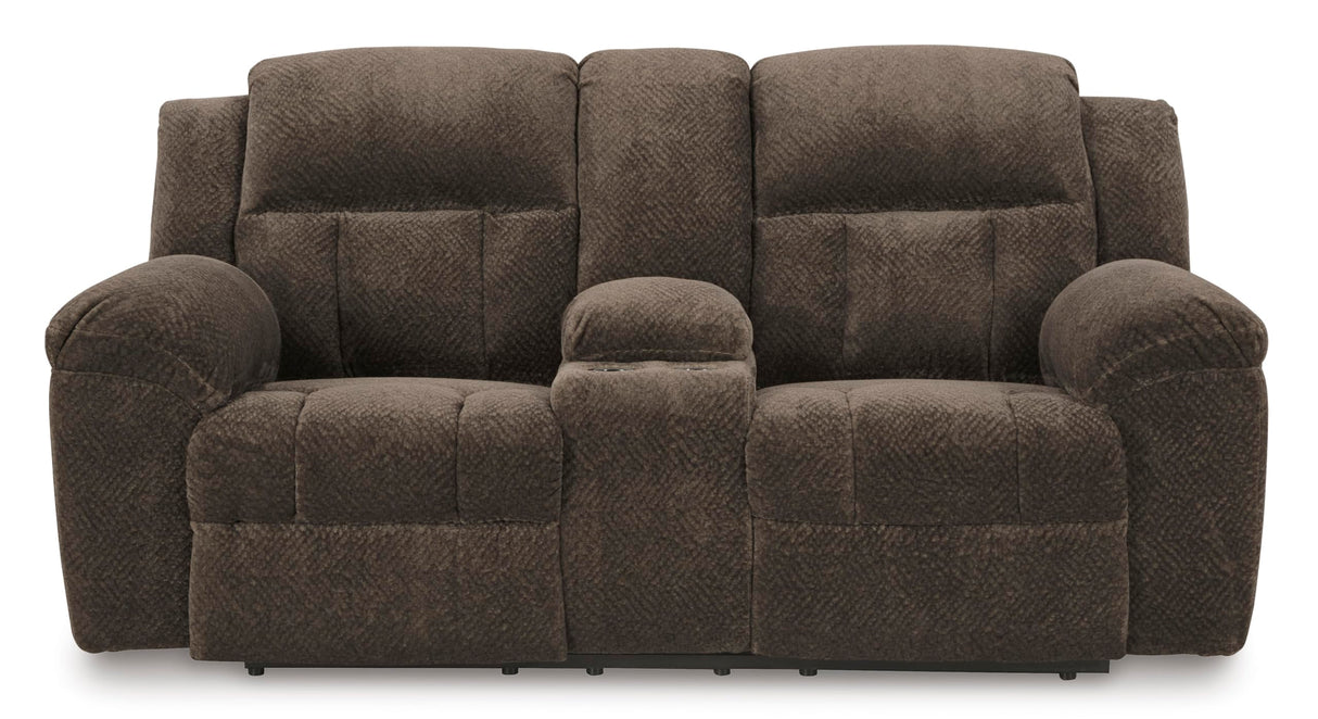 Signature Design by Ashley Frohn Modern Manual Double Reclining Loveseat with Console, Storage and Cup Holders, Dark Brown Signature Design by Ashley
