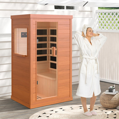 HUGROVE Far Infrared Wooden Sauna, Indoor Sauna with Bluetooth Speakers & 5 Heating Panel, 900W Aucoumea klaineana Dry Sauna for Home, Intelligent Control Panel and Tempered Glass Door HUGROVE