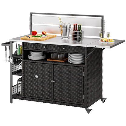 YITAHOME XL Outdoor Bar Cart, Outdoor Bar Table & Storage Cabinet, Wheels and Stainless Steel Extended Table Top, Side Handle for Patio Kitchen or Bar Cart, Dark Brown