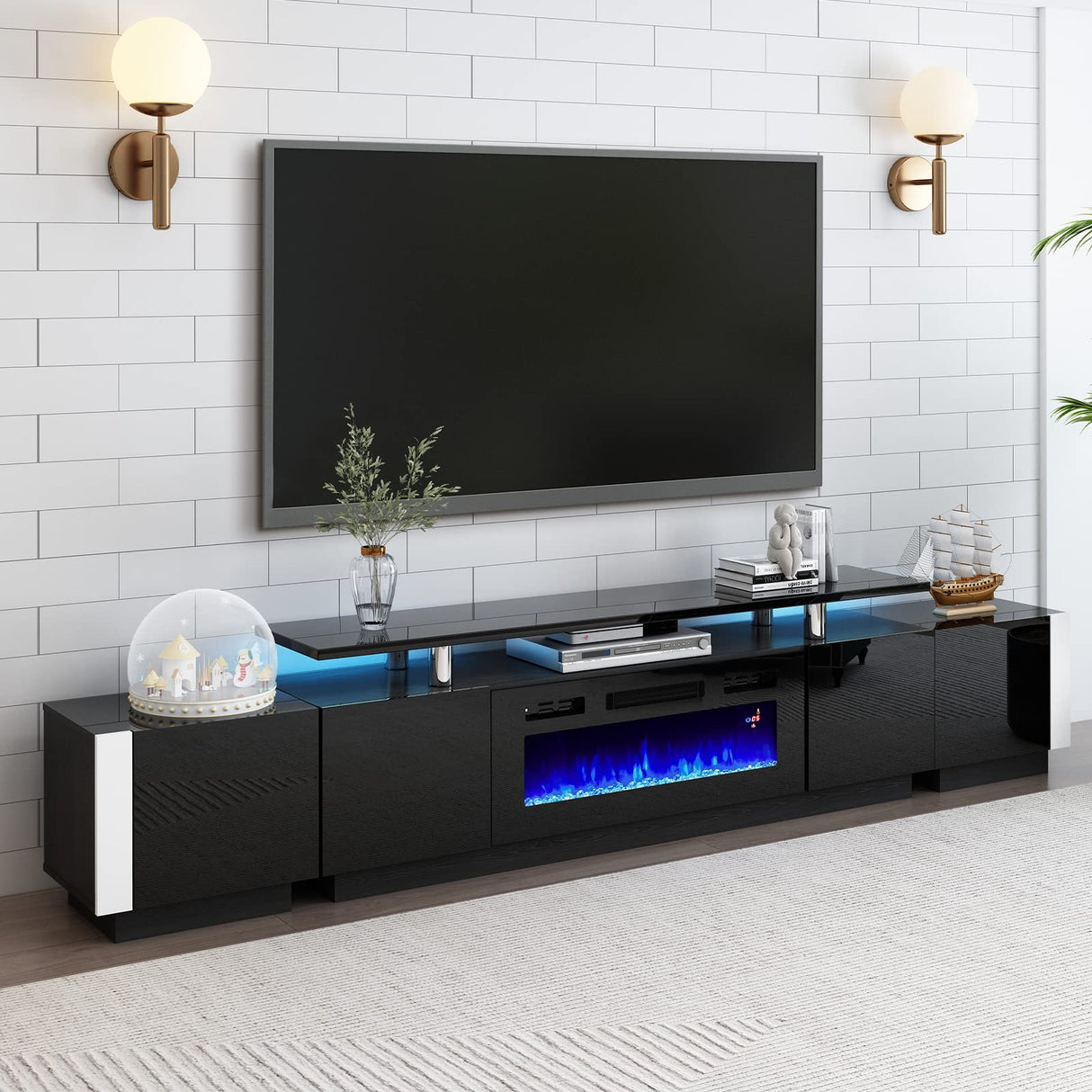 AMERLIFE 110" Large Fireplace TV Stand Set with 36" Electric Fireplace, Includes 70" 2-Tier Fireplace TV Stand, 2 x End Tables, Modern High Gloss TV Console with LED Light for Living Room, Black AMERLIFE