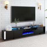 AMERLIFE 110" Large Fireplace TV Stand Set with 36" Electric Fireplace, Includes 70" 2-Tier Fireplace TV Stand, 2 x End Tables, Modern High Gloss TV Console with LED Light for Living Room, Black AMERLIFE