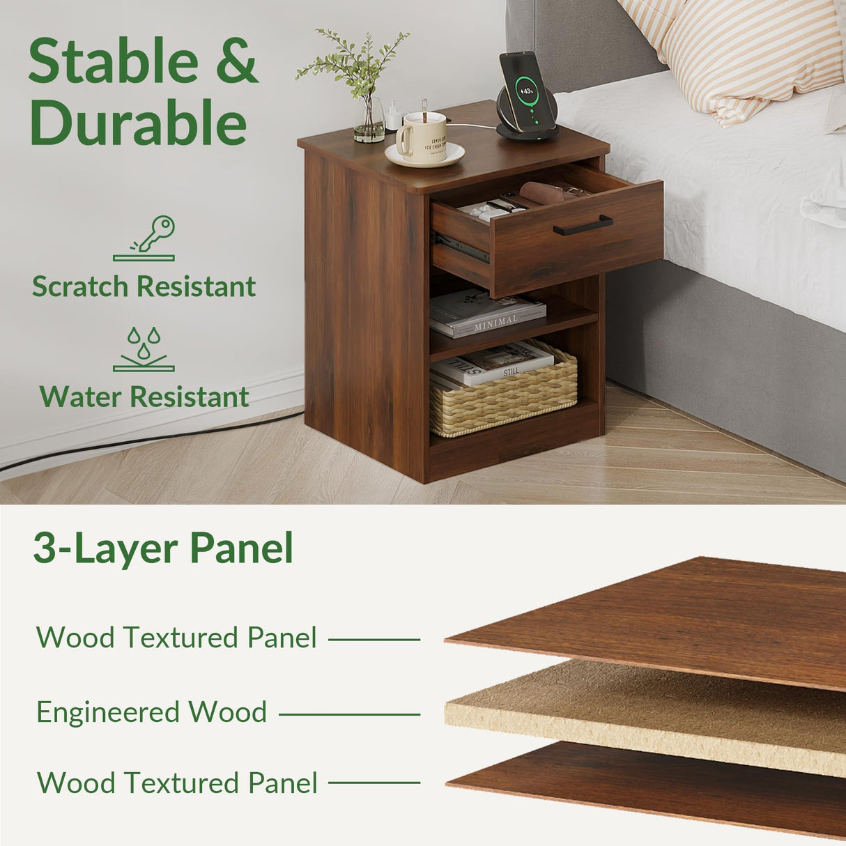 ODIKA Everyday Side Table with Fast Charging Station - USB C Cable Fast Charging, Wooden Brown Nightstand Bedside Table with Drawer, End Table with Optional Adjustable Shelf for Bedroom, Set of 1 ODIKA