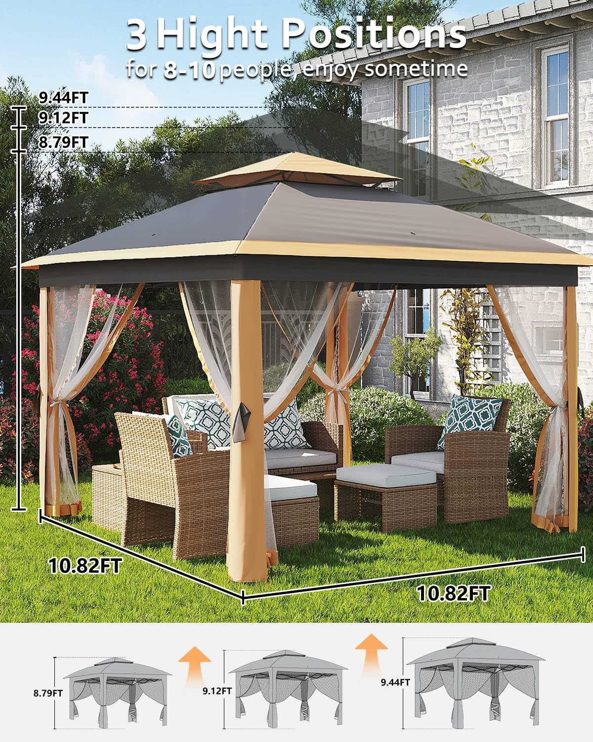 Garveelife 11x11 Pop Up Gazebo Tent with Mosquito Netting, Outdoor Canopy Shelter Easy Setup, Water & UV Resistant - Khaki Garveelife