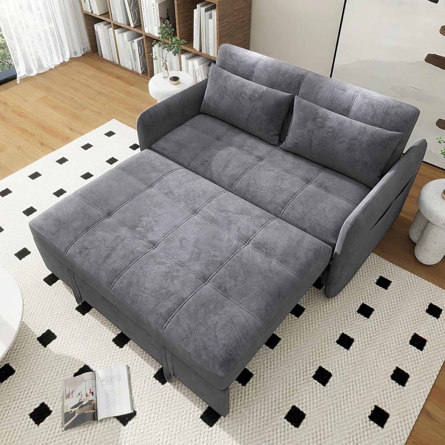 SumKea Sleeper Sofa Couch Bed, 55.8'' Convertible Pull Out Bed Couches with USB, 3 in 1 Velvet Fabric Futon Loveseat, Pillows, Pockets for Living Room Apartment, Gray