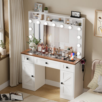 FURNJOYLIFE White Farmhouse Vanity Desk with Lighted Mirror & Charging Station, Makeup Vanity Dresser Table with 3 Lighting Modes Brightness Adjustable,Drawers,Shelves,Hair Dryer Stand for Be - WoodArtSupply