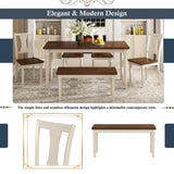 Merax 6 Pieces Dining Table Set with Bench, Kitchen Table Chairs Set, Wooden Rectangular Dining Table with 4 Chairs and Bench for Kitchen Room Dining Room (Brown+Cottage White) Merax