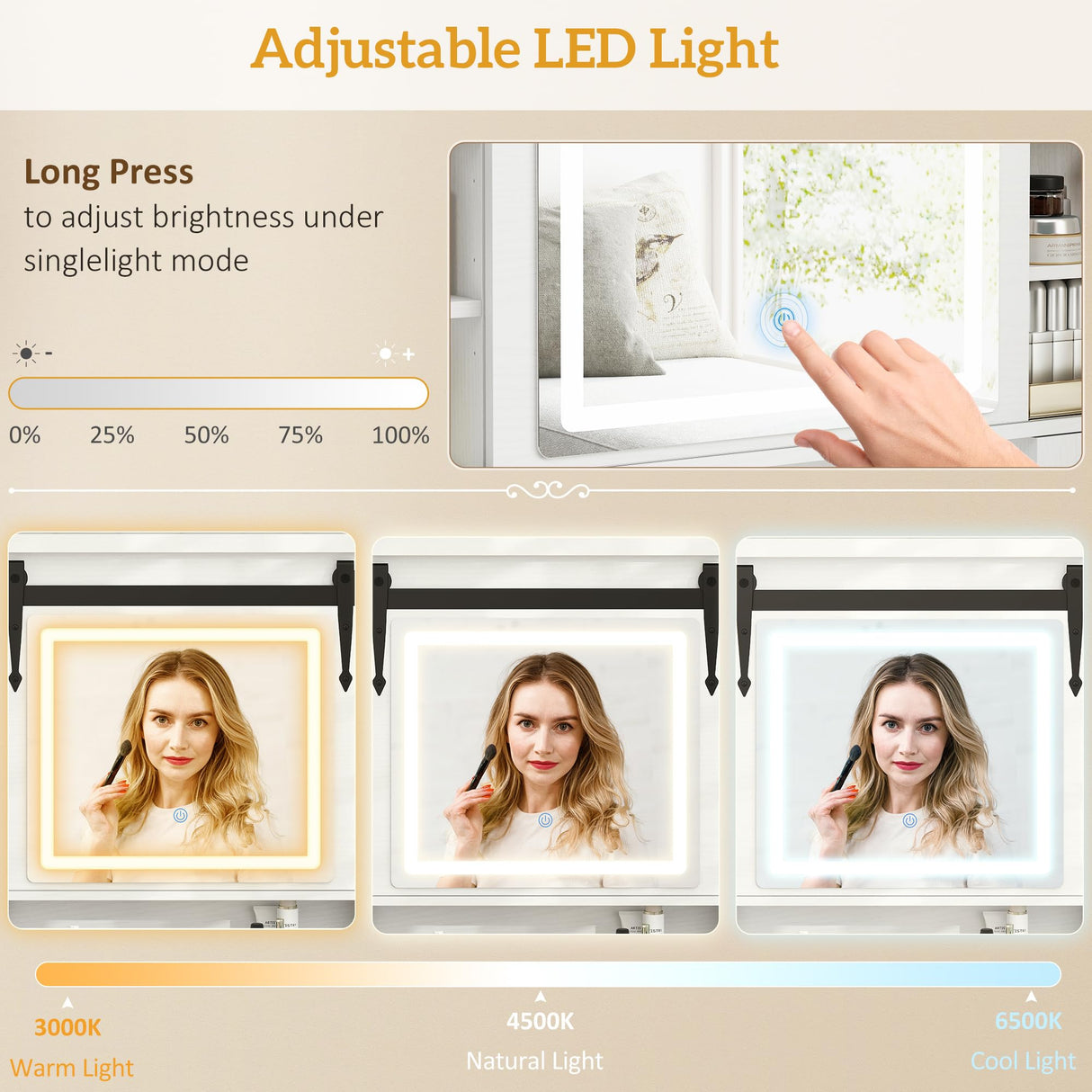 HOMCOM Farmhouse Vanity Desk with Mirror, Rustic Makeup Vanity Table with LED Lights, Cushioned Stool, 42 Inch Glass Tabletop, Drawers & Shelves & Cabinet, Dressing Table Set for Bedroom, White HOMCOM