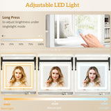 HOMCOM Farmhouse Vanity Desk with Mirror, Rustic Makeup Vanity Table with LED Lights, Cushioned Stool, 42 Inch Glass Tabletop, Drawers & Shelves & Cabinet, Dressing Table Set for Bedroom, White HOMCOM