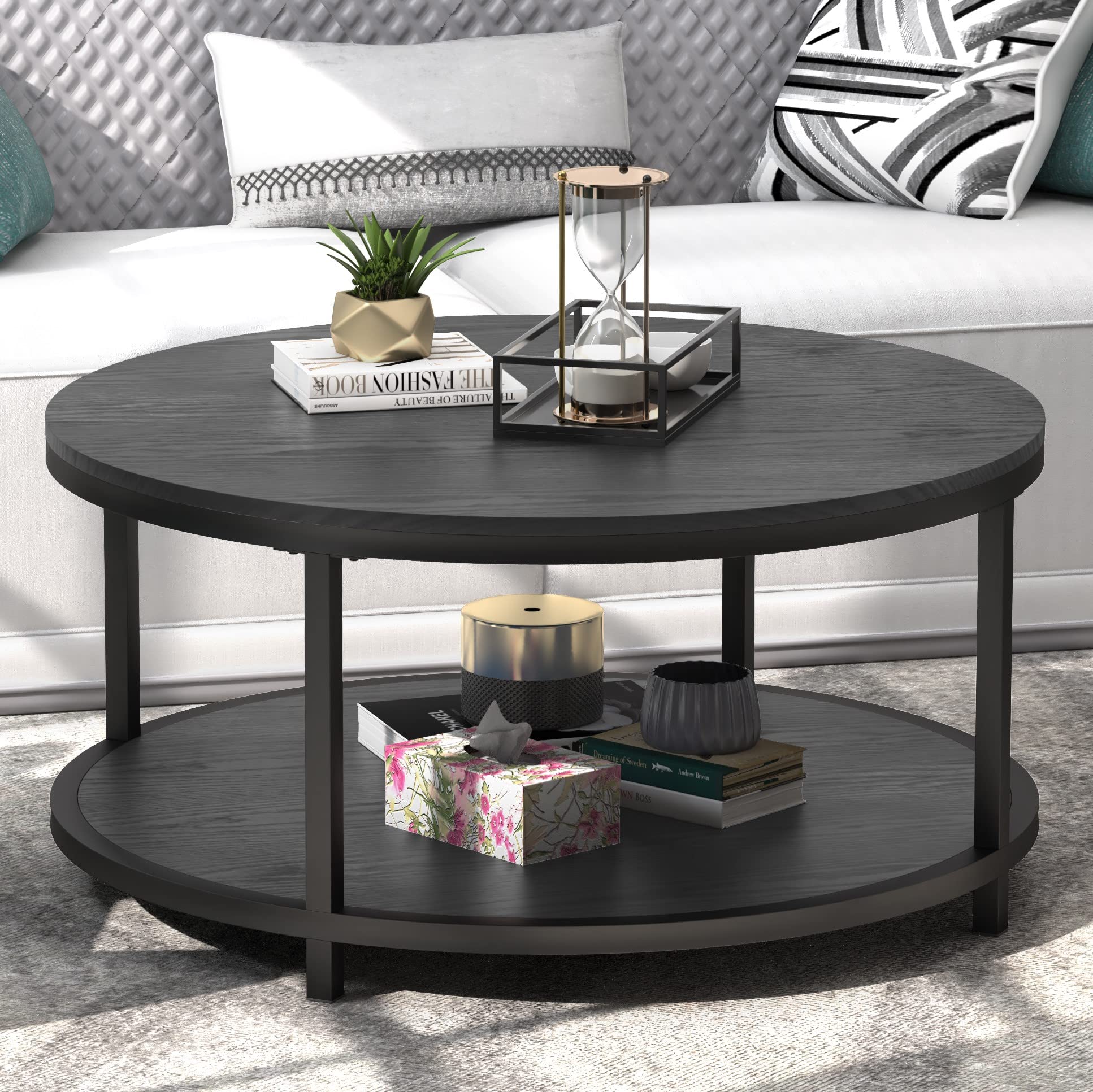 WiberWi Rustic Industrial 35.8" Round Coffee Table with Storage Shelf and Sturdy Metal Legs, Easy Assembly - WoodArtSupply