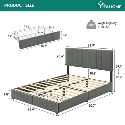 YITAHOME Grey Upholstered Queen Bed Frame with Adjustable Headboard and 2 Storage Drawers