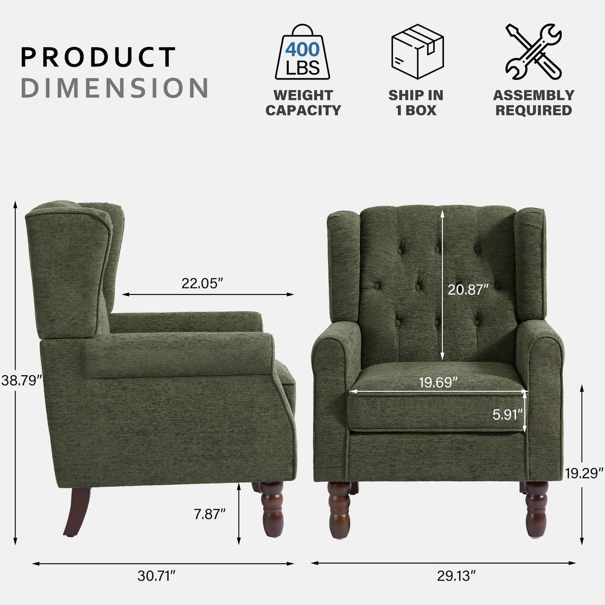 Lumibee High Back Accent Chair Set of 2,Upholstered Wingback Armchair with Solid Wood Legs for Small Spaces,Comfy Single Sofa Chair for Living Room,Bedroom,Office-Green Lumibee