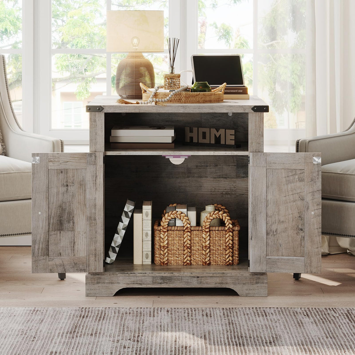 HOOBRO Farmhouse End Table Set of 2, Flip Top Large End Table with Charging Station, 23.6" Large Sofa Side Table with Barn Door, Square Nightstand with Open Storage, for Living Room, Greige HOOBRO