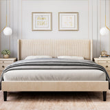 IDEALHOUSE Full Upholstered Bed Frame with Wingback Headboard, Luxurious Velvet Upholstery Platform Bed, Wooden Slat Support, and Easy Assembly - Box Spring Optional, Beige IDEALHOUSE