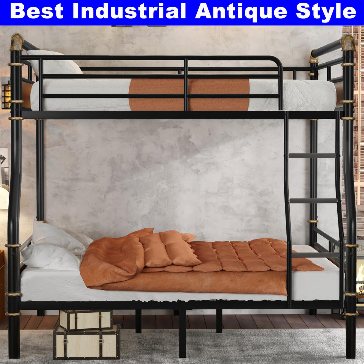 LEEKOUS Upgraded Version Thicken Metal Full XL Over Queen Bunk Bed, Best Industrial Style Heavy Duty Full Over Queen Size Bunk Bed, Convertible into 2 Beds Wood Board, Water Pipe Design for Adults LEEKOUS