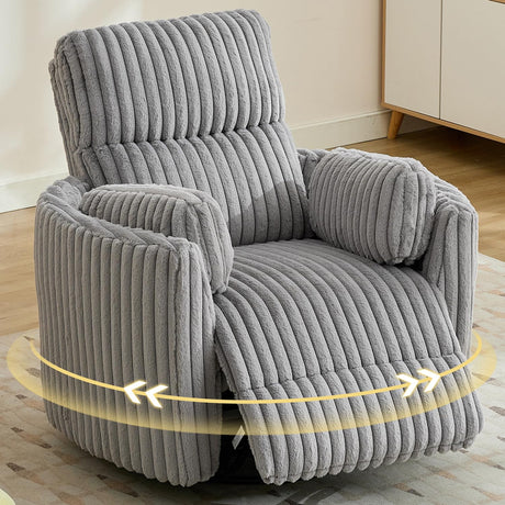 Power Swivel Glider Rocking Recliner Nursery Chair with 2 Pillows, Electric Rocker Reclining Chairs with Type-C & USB Charger Port for Living Room, High Back Barrel Armchair for Bedroom,Corduroy, Grey Comfort Stretch