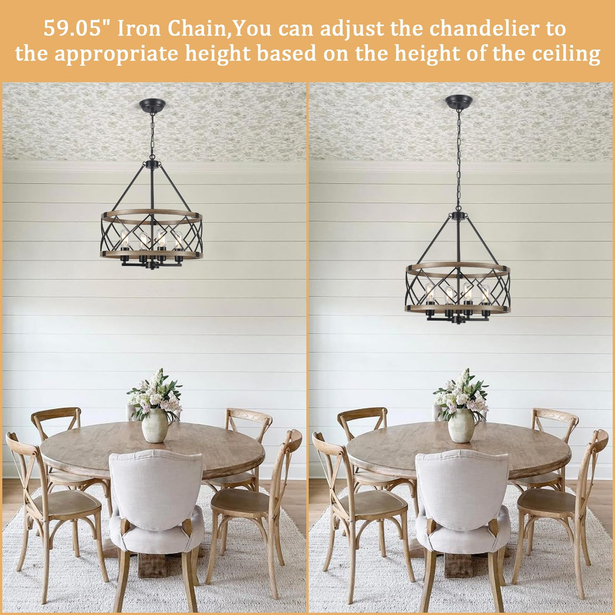 Farmhouse Chandelier for Dining Room 4-Light Rustic Chandeliers Imitation Wood Grain Pendant Light Fixture Modern Industrial Chandelier for Kitchen Island Entryway Foyer Bedroom Hallway，E26 Metal TCWGAUI