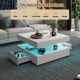 White LED Coffee Table with 2 Storage Drawers for Living Room Square Center Middle Table Modern Cocktail Table with Light 2-Tier Tea Tables Contemporary Mid Century Wood Home Office Waiting Room HedoAjim