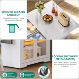 YITAHOME Rolling Kitchen Island with Seating and LED Lights, Mobile Storage Islands with Drop Leaf, Dining Table with Power Outlet, 2 Drawers and Soft Stools, Spice/Towel Rack, Marble Finish, White YITAHOME