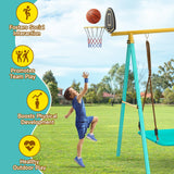Jocoevol Swing Set for Backyard, Heavy-Duty Metal Swing Sets for Kids with 2 Swings, Climbing Ladder and Nets,Trapeze Bar, Soccer Goals and Basketball Hoop Up to 660lbs Jocoevol
