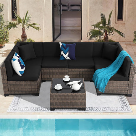 KIGOTY 7 Pieces Modular Outdoor Sectional Sofa, Wicker Patio Conversation Set, All-Weather PE Rattan Sectional Sofa with Cushions and Glass Coffee Table (Black Cushions, Brown Rattan) KIGOTY
